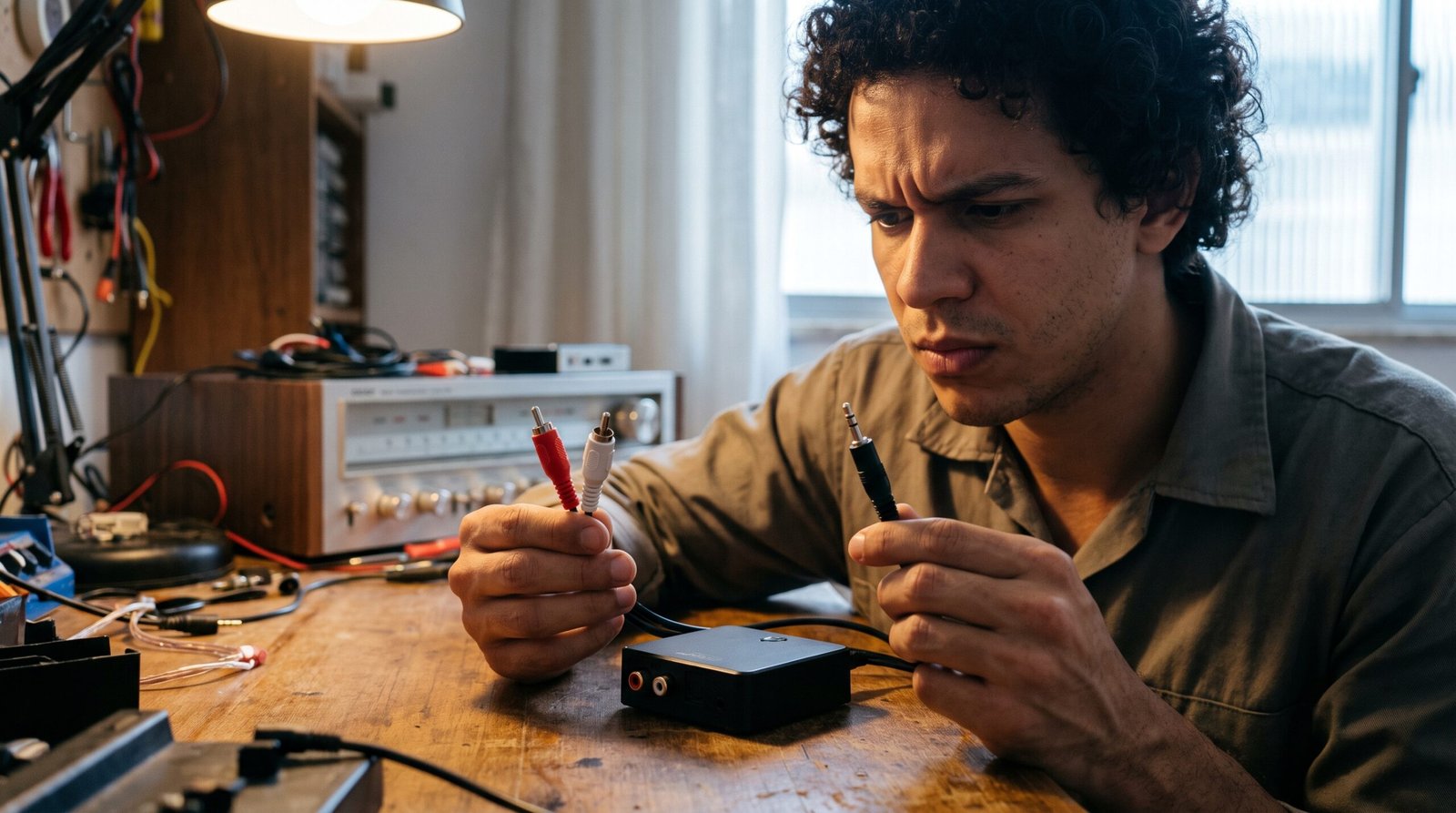 Técnico compara conectores RCA e P2 para ligar um receptor Bluetooth ao aparelho de som.