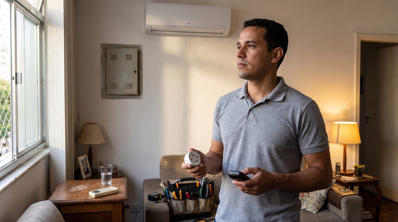 Eletricista avalia uma tomada inteligente diante de um ar-condicionado split.