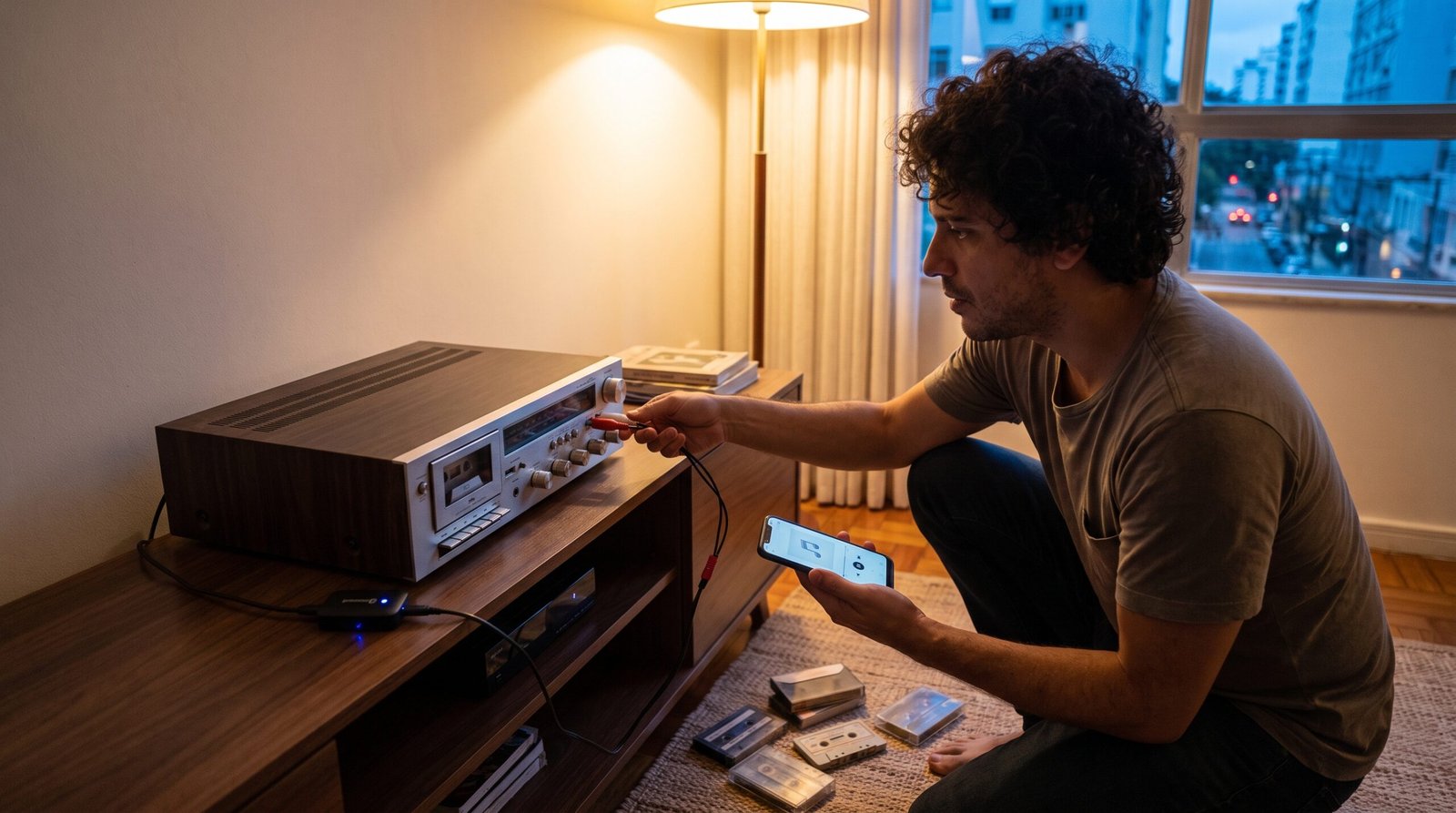 Homem conecta um receptor Bluetooth à entrada RCA de um aparelho de som antigo.