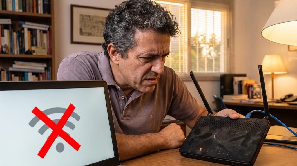Pessoa verificando os cabos de um roteador enquanto o Wi-Fi apresenta falhas.