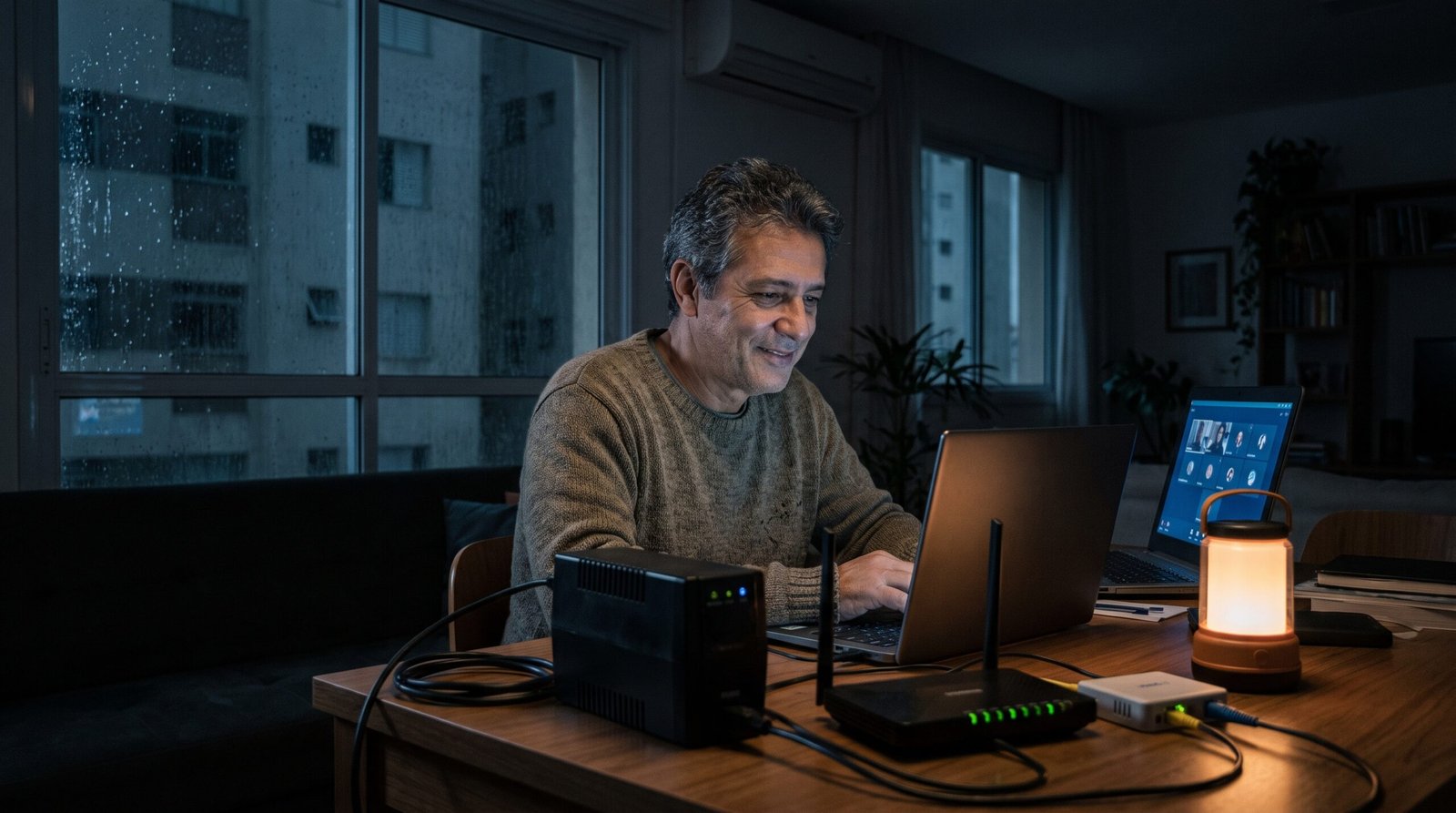 Mini nobreak mantém roteador e modem ligados durante uma queda de energia.