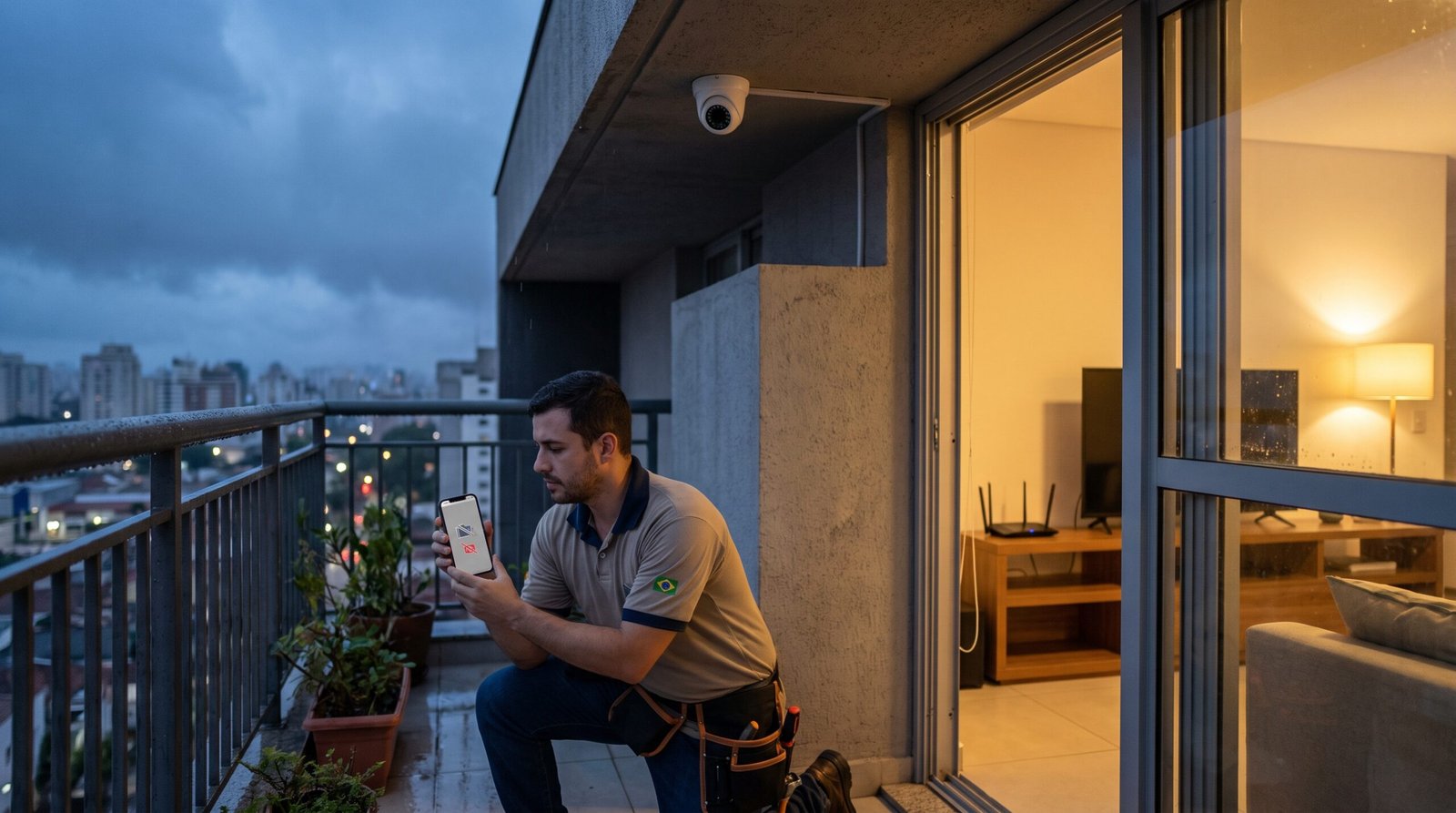 Técnico verifica uma câmera de segurança que está ligada, mas aparece offline no celular.